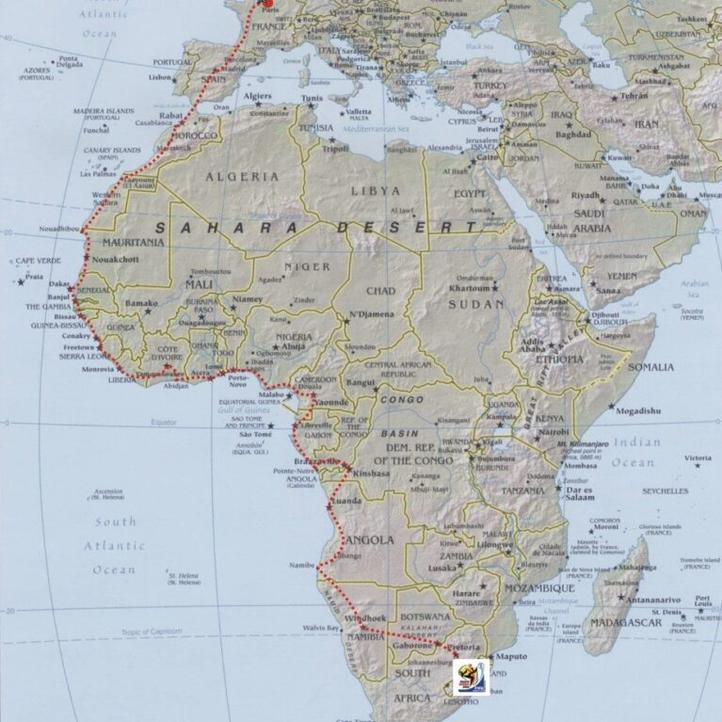 Mapa de África con la ruta en coche de pedales de Pedal Joe desde Francia hasta Sudáfrica