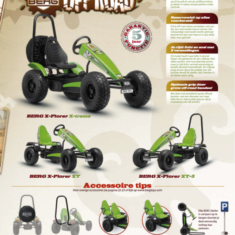 BERG Off-Road brochure featuring pedal kart models, accessories and specifications