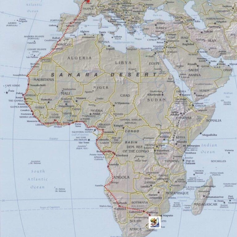 Map of Africa showing Pedal Joe’s pedal kart route from France to South Africa