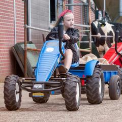 Child rides the blue BERG XL Farm go-kart with a robust frame on the farm